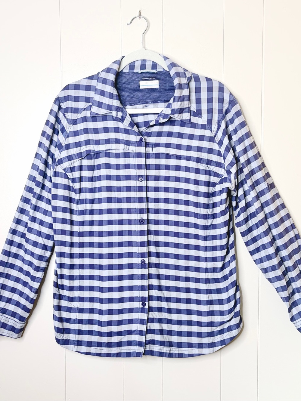 Columbia Navy Blue Gingham Sun Protection Button Down Shirt Quick Dry Women’s 1X